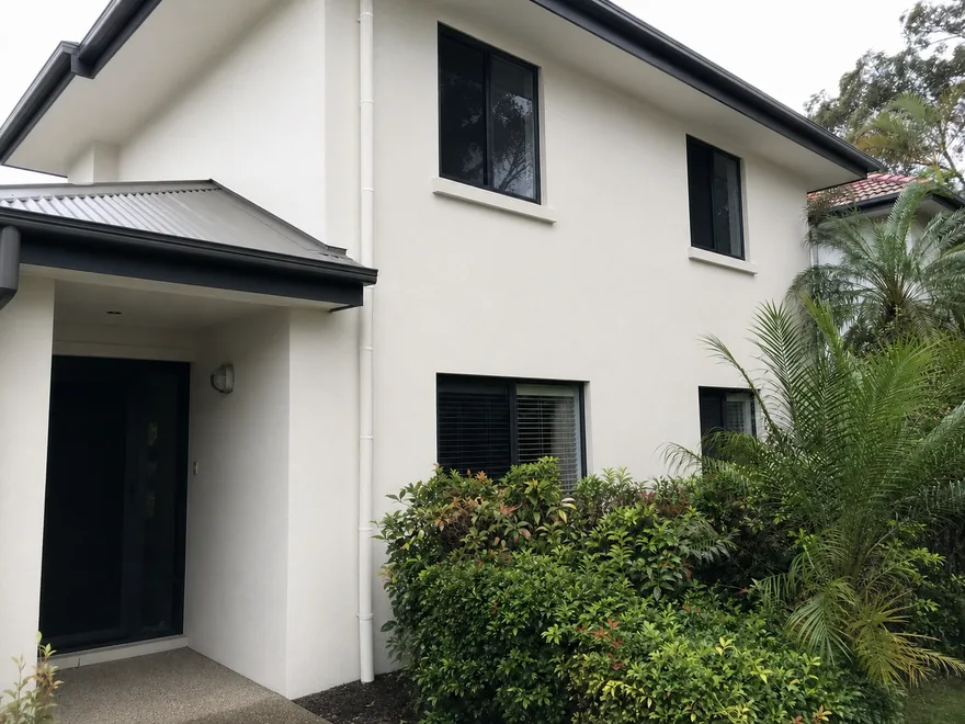 Two-storey rendered Brisbane home after soft washing, mould and algae removed
